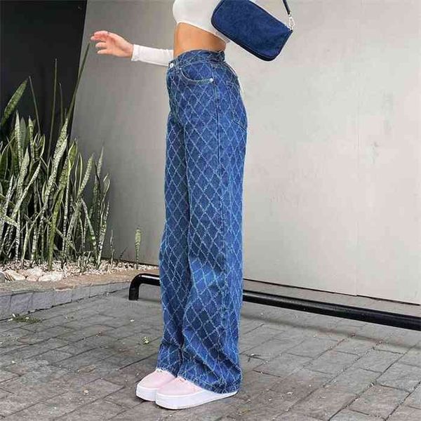 

heyoungirl casual argyle y2k woman jeans straight high waist pants capris froll plaid fashion long denim trousers streetwear, Blue