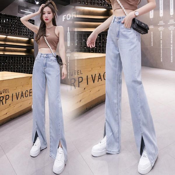 

women's jeans high waist wide leg split summer 2021 loose straight chic slim and drooping floor length pants, Blue