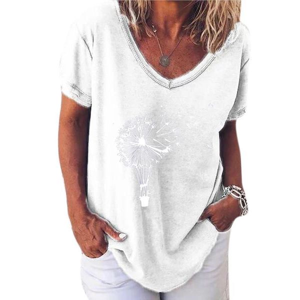 

v neck summer print women t shirts tees casual loose clothing plus size top, White