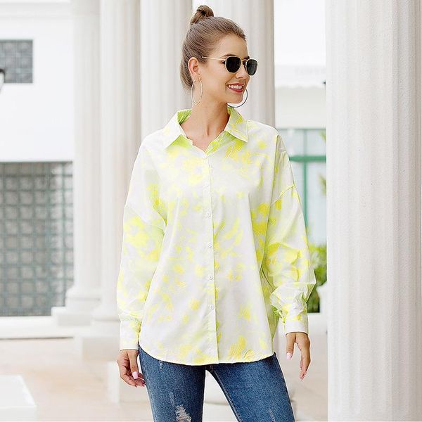 

women's blouses & shirts spring/autumn personal shirt tie-dyed printed lapel loose v collar elegant fresh office ladies casual fashion, White
