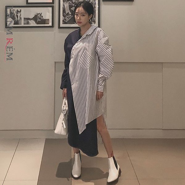 

summer fashion temperament women loose plus casual long section irregular stitching striped shirt tc210 210507, White