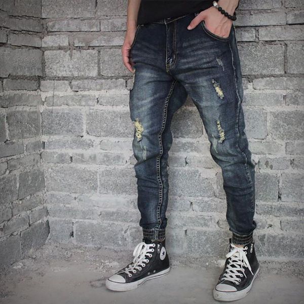 

skinny ripped jeans man casual slim fits denim pants distressed ankle-length joggers hole elastic trousers men clothing men's, Blue