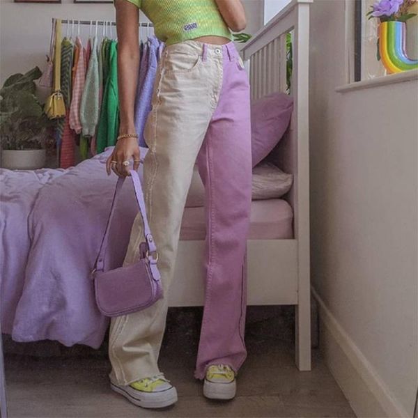 

women's jeans pink patchwork women 2021 fall fashion side tassel high waist straight leg woman casual loose boyfriend denim pants, Blue