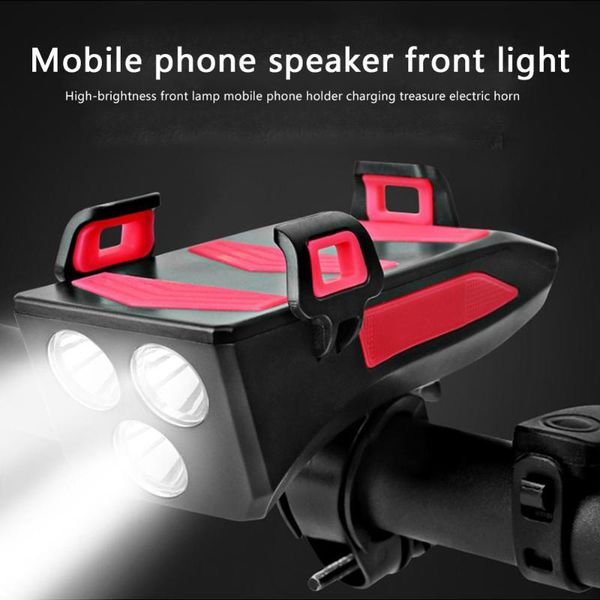 

multi-function 4 in 1 bicycle light usb rechargeable led bike headlight horn phone holder powerbank cycling lights