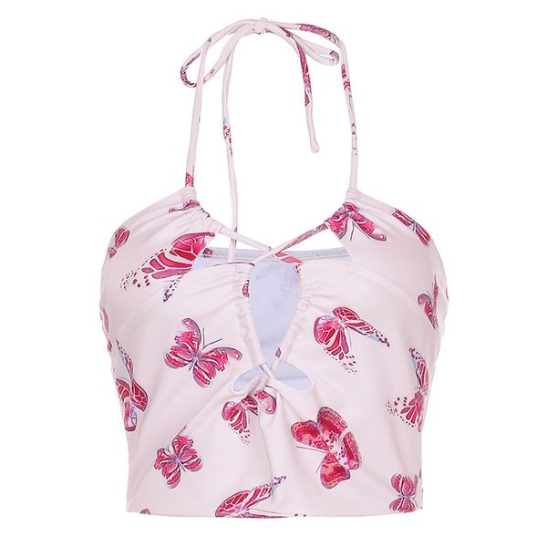 

pris girl pink slim halter crop camis backless lace up tank female hollow strap short butterfly vest women 210524, White