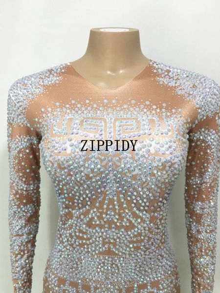 

casual dresses fashion sparkly rhinestones one-piece dress performance party luxurious shining costume women nightclub outfit, Black;gray