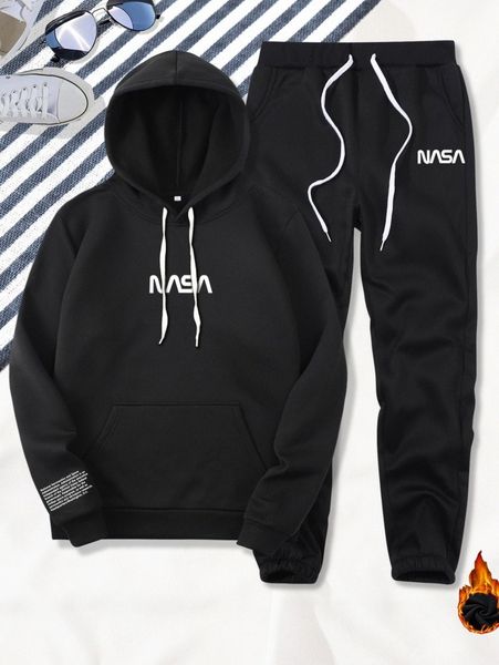 

men slogan graphic kangaroo pocket drawstring thermal hoodie & sweatpants h1kj#, Gray
