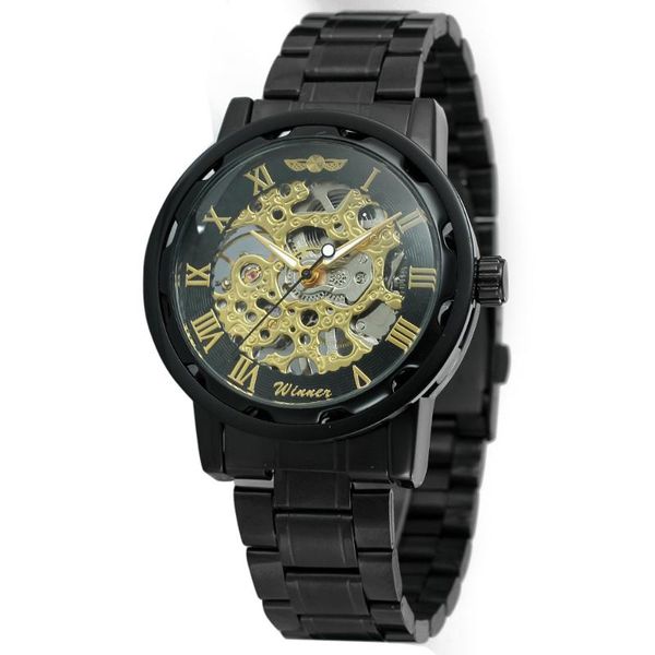 

arrival skeleton steampunk black stainless steel band mechanical watch mens business wrist watches luxury timepiece wristwatches, Slivery;brown