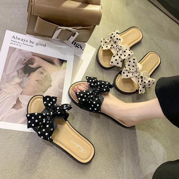 

women's sandals 2021 bow slippers women wear shoes flower beach flats, Black