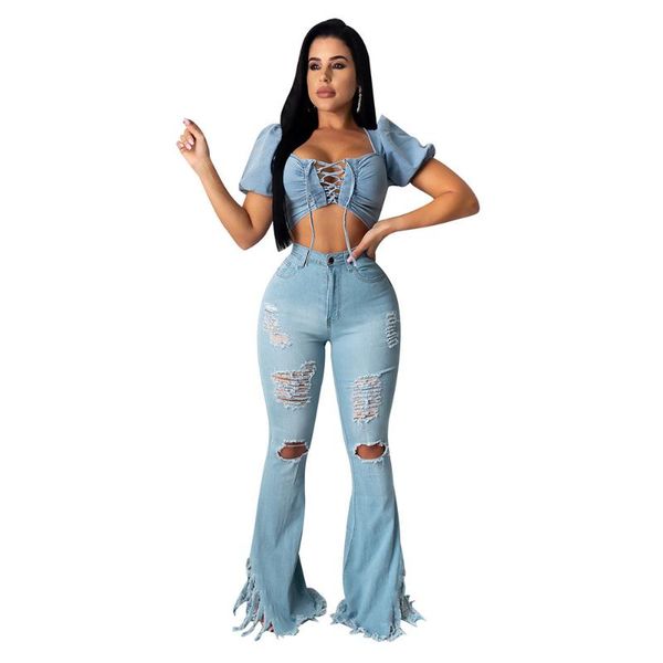 

women's jeans sale women ripped fringed denim flare pants fashion high waist tassel long female wide leg bell bottoms trousers d30, Blue