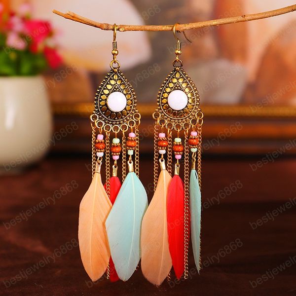 Retro Tarzı kadın Tüy Pembe Dangle Küpe Etnik Uzun Su Damlası Pirinç Boncuk Hint Jhumka Küpe Tatil Yaz Takı