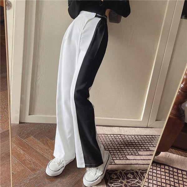 

women's pants & capris women retro wide leg summer casual female korean high waist long 2021 vintage loose patchwork straight trousers, Black;white