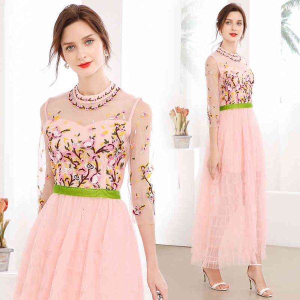 

dresses elegant pink tulle summer runway evening party women lace mesh flowers embroidery female layer cake maxi, Black;gray
