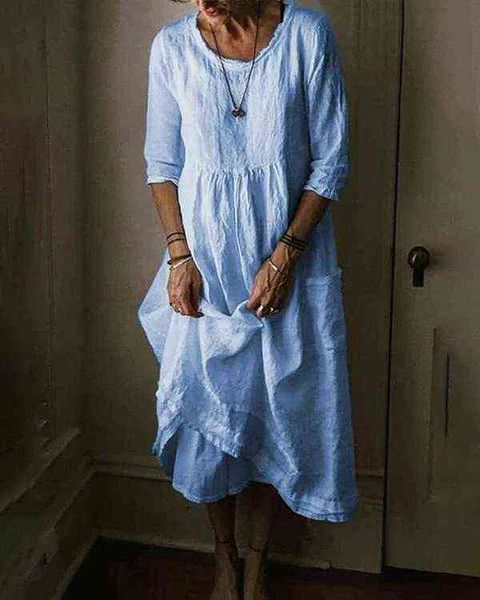 

casual round neck linen solid long dress, Black;gray