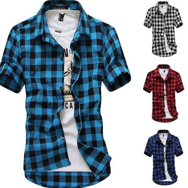 Mens Verificação Camiseta Flanela escovado algodão de mangas curtas Casual Slim Fit Top Plus Size 210626