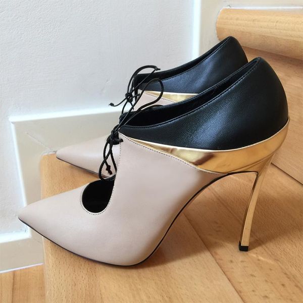 

dress shoes ladies mixed colors leather patchwork blade heel pumps thin metal stiletto front cut lace up point toe high, Black