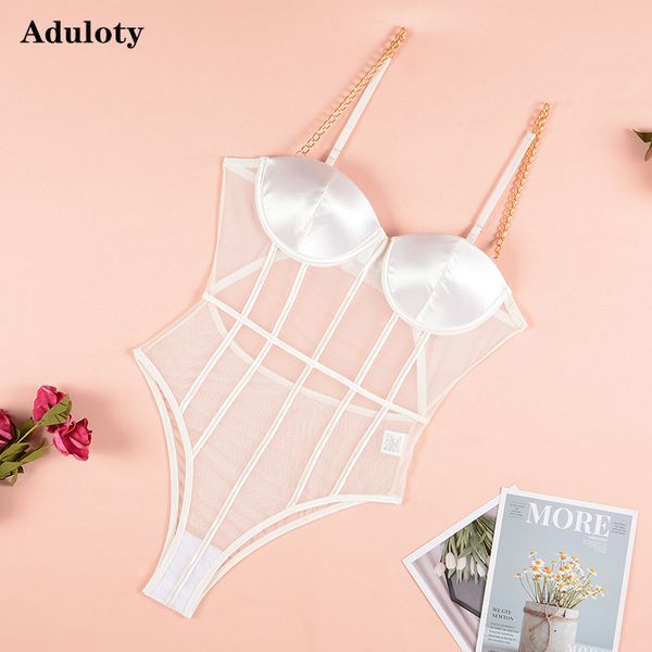 

new womens teddy bodysuit mesh thin section see-through erotic lingerie chain sling padded bra one-piece underwear, Black;white
