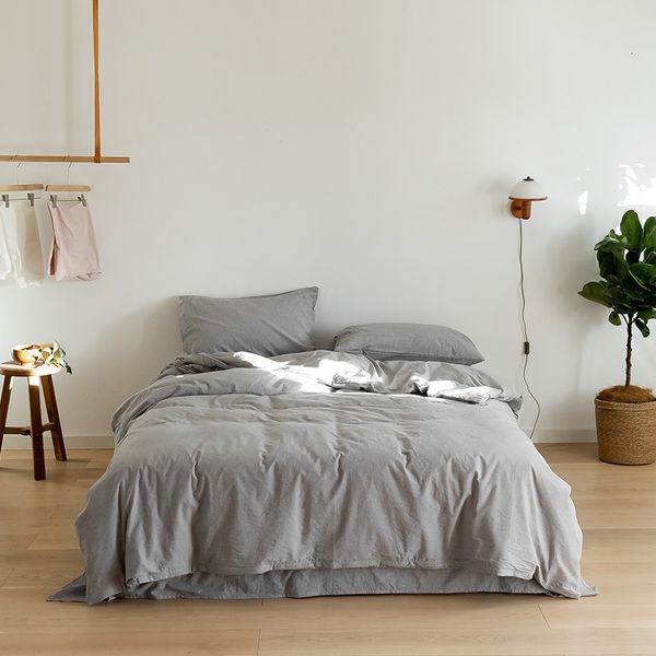 

yarn dyed washed cotton four piece soft naked sleeping solid color simple quilt cover 1.8 fitted sheet bedding