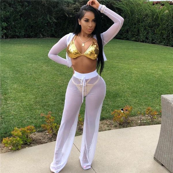 

women's swimwear hirigin bikini abdeckung ups frauen mesh kaftan sehen durch tunika hoodie crop und hosen strand tragen badeanzug, White;black