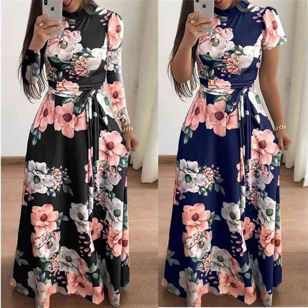 

women spring dress casual long sleeve boho floral print maxi turtleneck bandage elegant es vestidos 210520, Black;gray