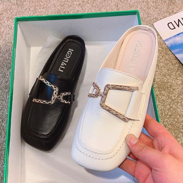 

slippers women slipper mules-shoes flip-flop chain low-heels casual slides half fashion shoes plus size, Black