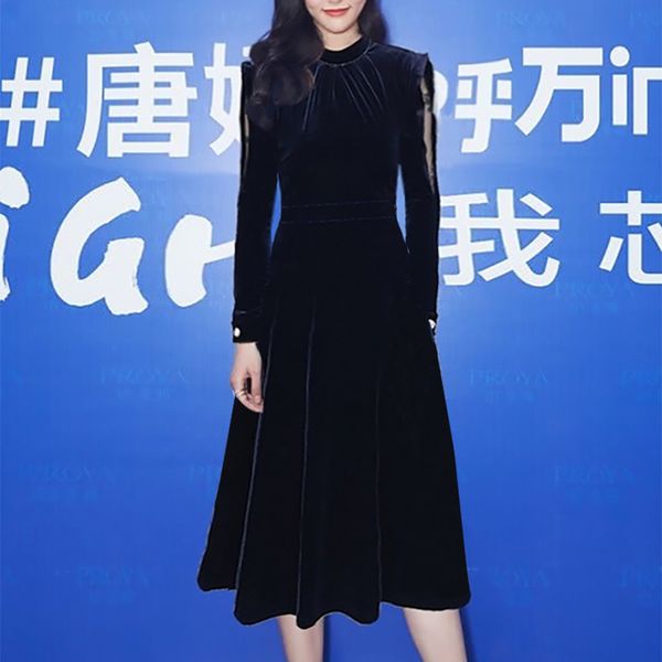 

autumn style curly lace sleeve self-cultivation elegant temperament mid-length length velvet dress quality, Black;gray