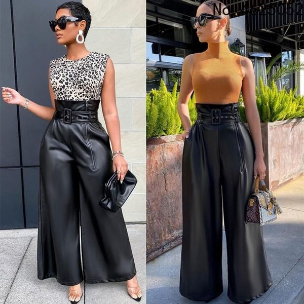 

women's pants & capris 2021 casual women pu high waist party lady night club wear wide leg trousers with slashes clothing autumn, Black;white