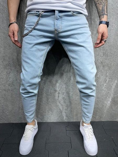 

men solid chain detail skinny jeans 69td#, Blue
