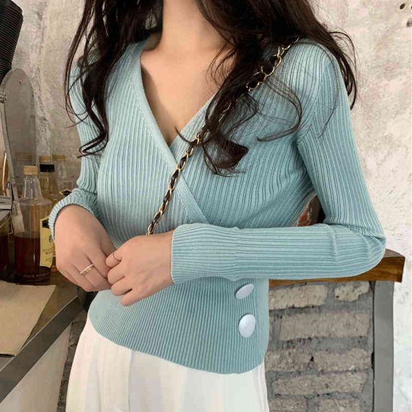 

all-match v-neck cross women pullovers slim female knitted sweater full sleeve jumpers long 356a 210420, White;black