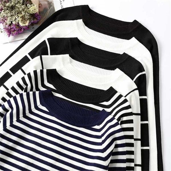 

autumn winter striped knitted pullovers sweaters long sleeve korean loose sweater soft warm jumper pull femme 211025, White;black