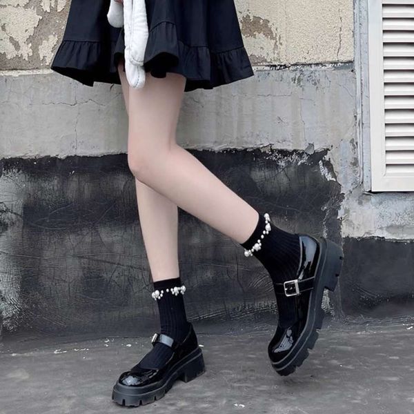 

pearl socks black with jane shoes and socks calf stockings, Black;white