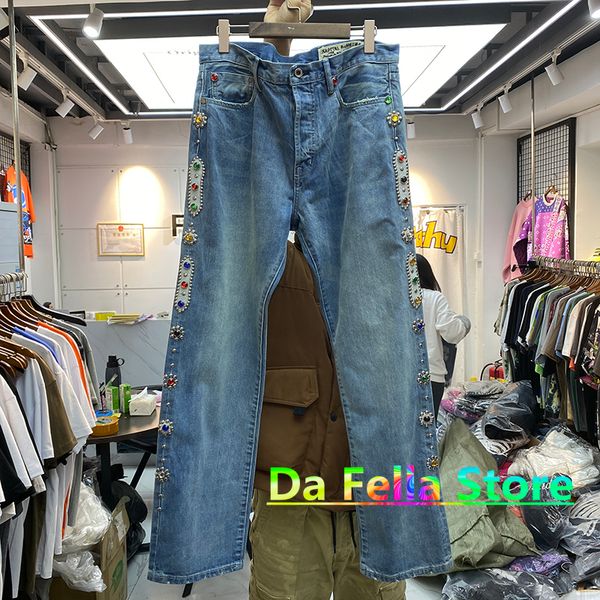 Pantaloni jeans ricamati alla moda Uomo Donna Pantaloni invecchiati con pietre preziose intarsiate vintage lavate 1: 1 di alta qualità Etichetta interna