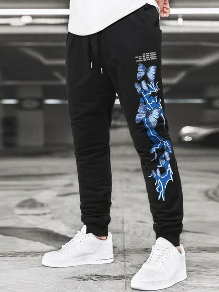 

men butterfly & slogan graphic drawstring waist sweatpants i5dt#, Black