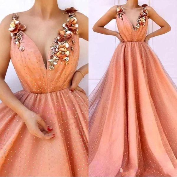 2021 Pfirsich Sexy Abendkleider tragen V-Ausschnitt ärmellose Spitze Kristall Perlen 3D Blumen Blumen offener Rücken Plus Size formelles Partykleid Ballkleider Quinceanera-Kleid