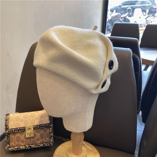 

berets 202108-xiyuan autumn winter warm wool button lady beret hat men women leisure painter, Blue;gray