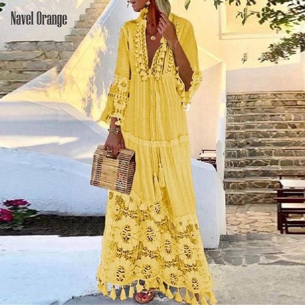 

summer women deep v-neck hollow out loose floor-length dress tie tassel casual lady vintage patchwork bohemian maxi dresses, Black;gray