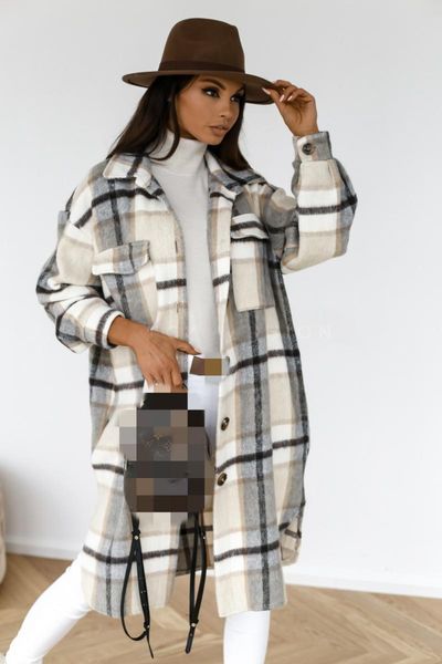 

women's wool & blends autumn plaid long coat single breasted turn-down collar pocket female coats winter fashion casual ladies clothes, Black