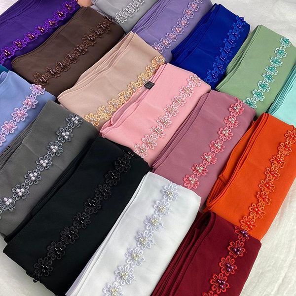 

scarves 10 pcs chiffon hijabs women pearls lace designer headband printe 19 color, Blue;gray