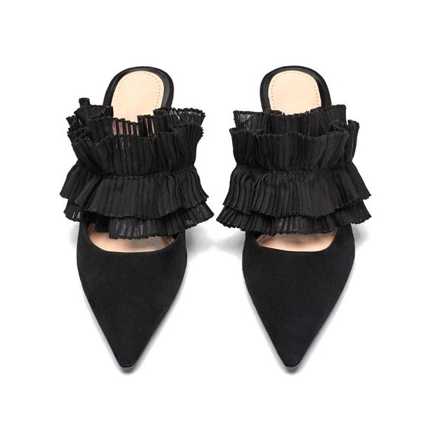 

slippers fashion woman summer shoes pointed toe ruffles black outside party beach lady slides