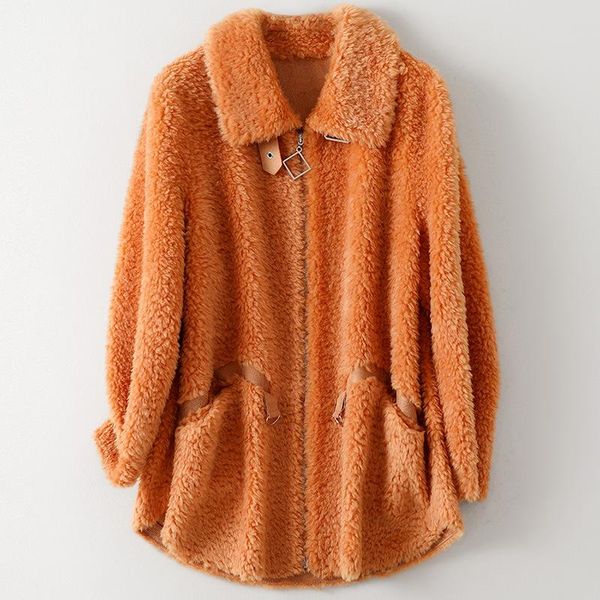 

women's fur & faux fashion wool sheep shearer coat for women autumn winter jacket casual medium length orange loose outwear, Black