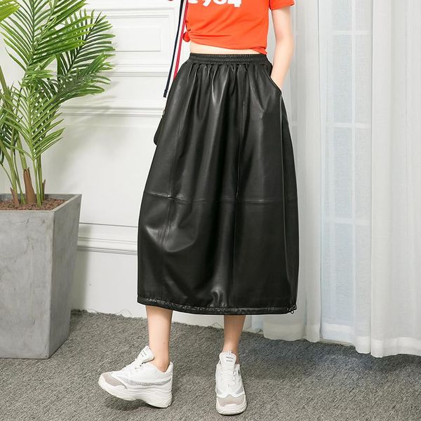

skirts sheepskin wide leg thin elastic waist skirt leather feet, Black