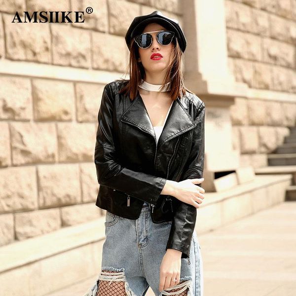 

women's leather & faux amsiike women pu 2021 fashion short outerwear inclined zipper pockets ladies coat motorcycle jacket a1704, Black