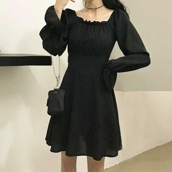 Outono curativo curto goth vestido preto manga cheia mulheres streetwear mini vestidos sexy festa coreana vestidos 210604