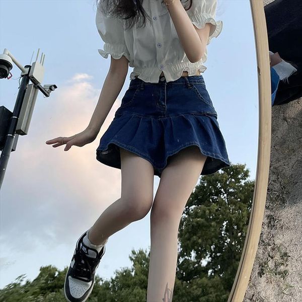 

summer denim ruffled high waist women skirts casual harajuku jean womens line mini solid korean fashion, Black