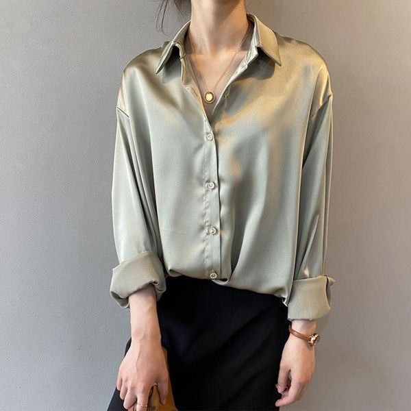 

women's blouses & vintage white long sleeve shirts ladies elegant korean office fashion button up satin silk shirt blouse women cnz5