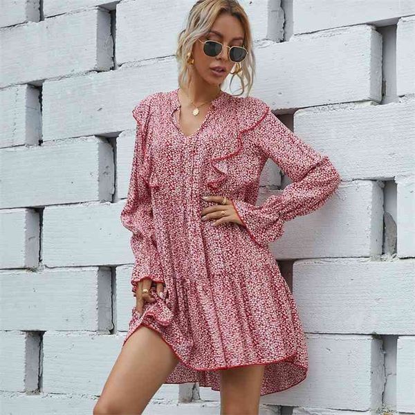 

fashion summer elegant dress womens printed vintage a-line for with sweet floral ruffles v neck beach 210508, Black;gray