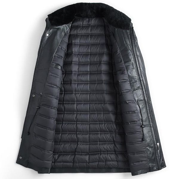 

men's leather & faux duck down genuine winter jacket men sheepskin long wool collar coat ml-fes17037 my1213, Black