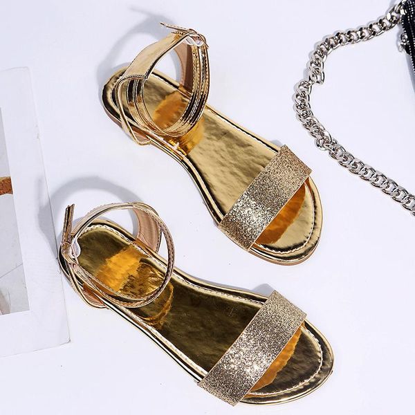 

sandals 2021 ladies sequin stitching comfortable flat open toe beach shoes, Black