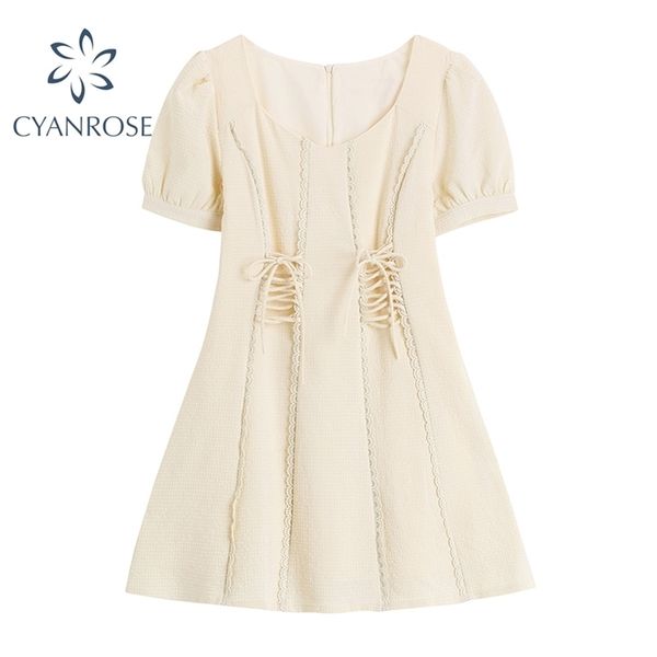 

summer retro stitching wood ears cross lacing up dress women's fashion french chic lace puff short sleeve mini vestiods 210515, Black;gray