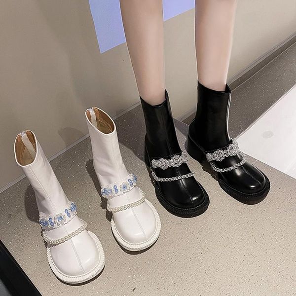 

boots round toe crystal women shoes autumn clogs platform boots-women rhinestone rubber white ankle high heel rock 2021, Black